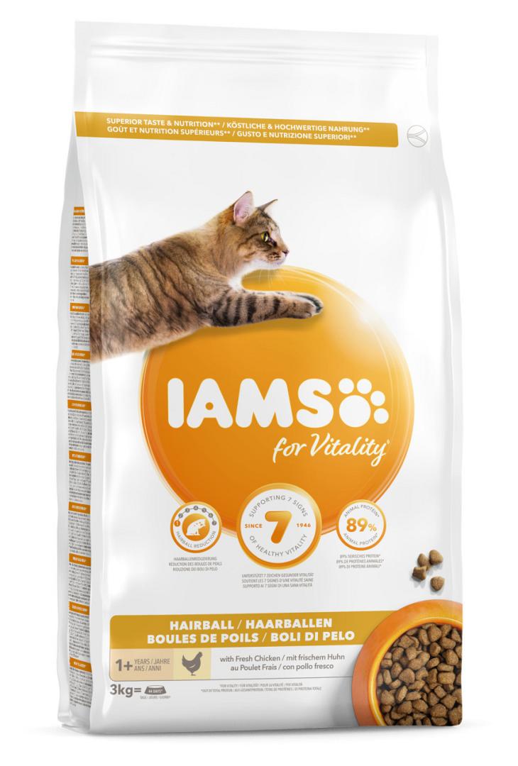 Wereldrecord Guinness Book Gelukkig Natte sneeuw IAMS kattenvoer Adult Hairball Chicken 3 kg | Hano voor uw dier