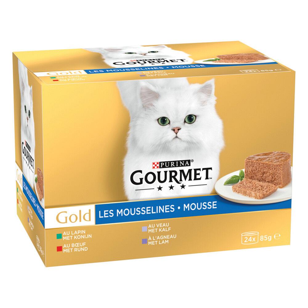 Storen Hechting Uitbreiding Gourmet kattenvoer Gold Mousse konijn, rund, kalf, lam 24 x 85 gr | Hano  voor uw dier