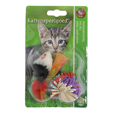 Kattenspeelgoed Funtube met Verenmuis en Pompom 3 st